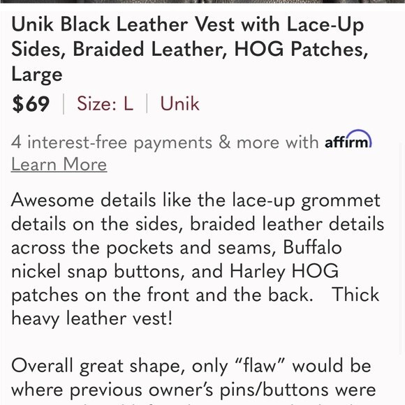 Unik Black Leather Vest with Lace-Up Sides, Braided Leather, HOG Patches LARGE - Picture 15 of 15